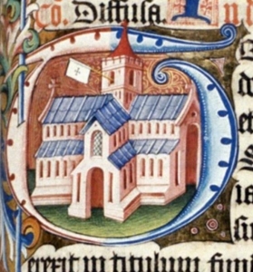 Detail from the Abingdon Missal of 1461. Picture of a church.