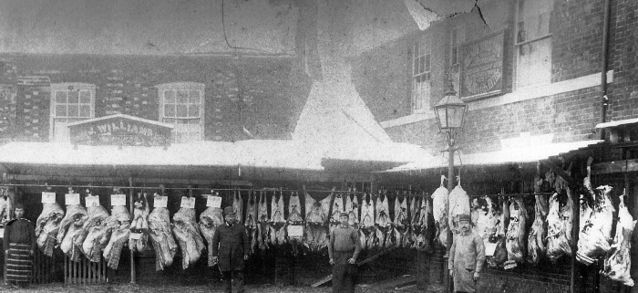 James Williams jnr (in bowler hat) outside his butchery about 1890